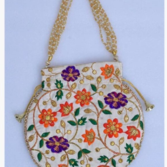 Indian Embroidered Silk Pearl Handle Clutch Handbag Purse for Women